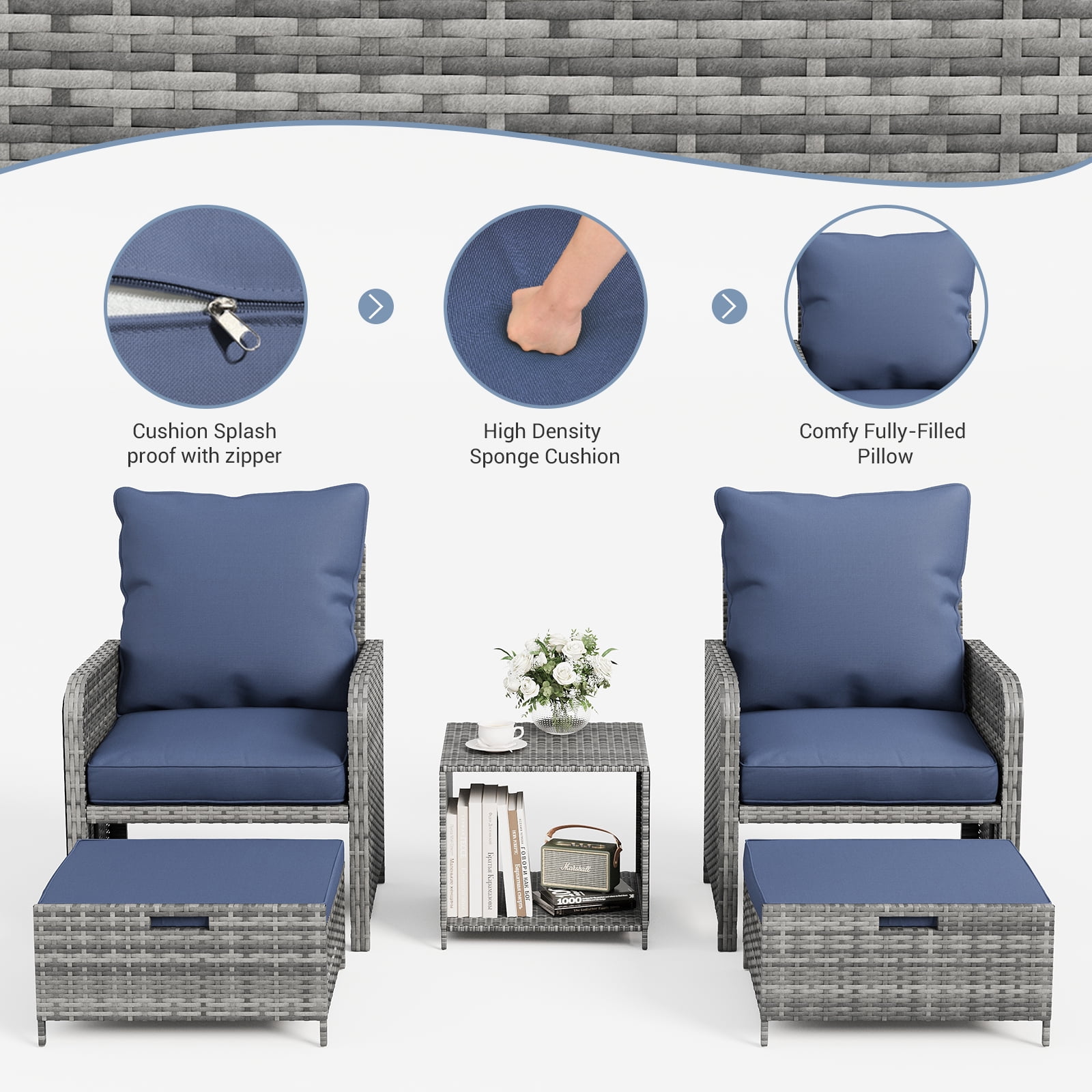 ELPOSUN 10 Piece Patio Furniture Set, Outdoor Patio Conversation Rattan Chair with Ottomans w/Storage Coffee Table for Pati ,Navy