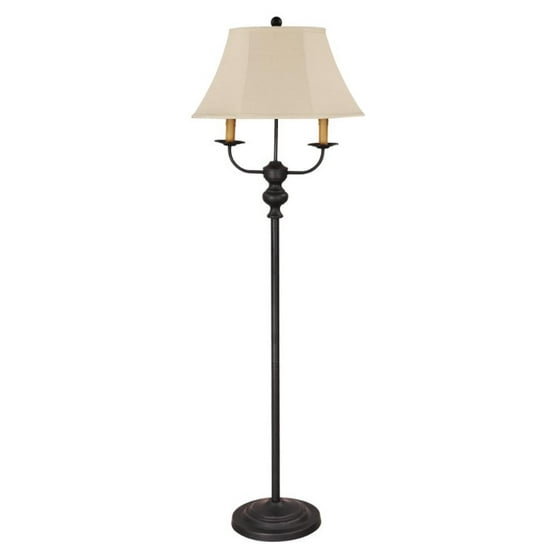57 Abbott Farm Style Black Floor Lamp With Dual Side Arms And Tan Linen Shade