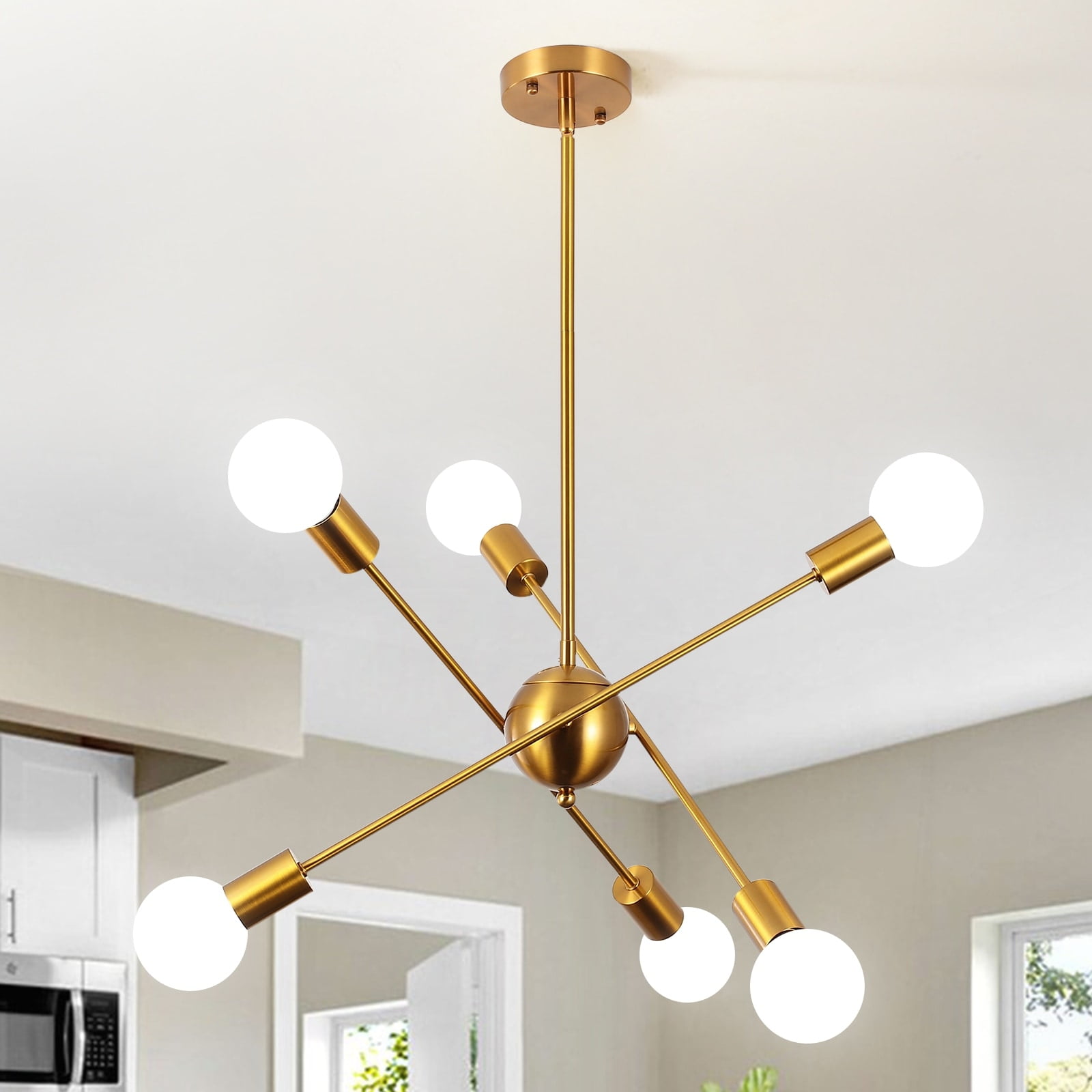 31.8" Gold 5-Light Chandelier With Beige Fabric Shades – Adjustable Height, Perfect For Kitchen, Bedroom, Foyer