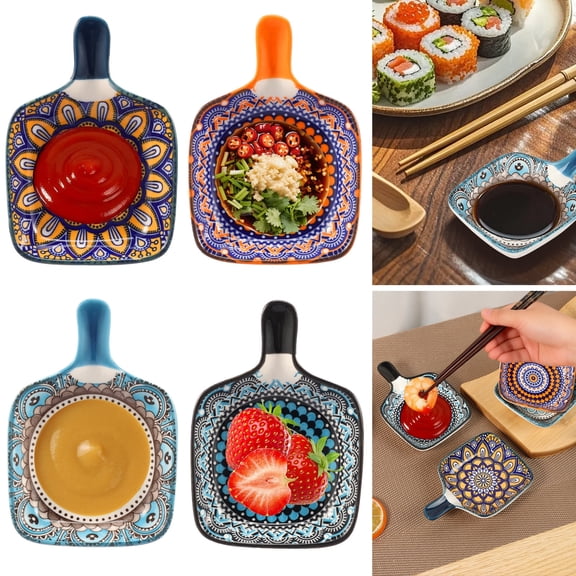 Fkszll 4 Pcs Ceramic Plates with Handle Serving 4.84x3.35x0.91 inch Small Plates Scratch-Resistant for Microwave & Dishwasher Safe Home/Restaurants
