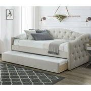 DG Casa Sarnia Diamond Tufted Twin Daybed - Upholstered Trundle Bed with Wooden Slats - Beige Fabric