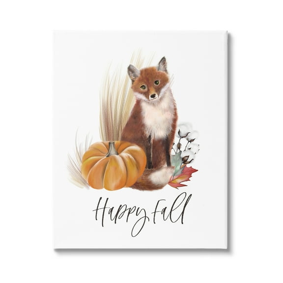 Stupell Industries Happy Fall Scenic Autumn Fox Pumpkin Botanicals Graphic Art Gallery Wrapped Canvas Print Wall Art, Design by Studio Q