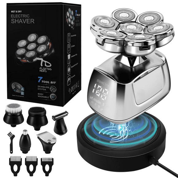 Head Shavers for Men 7d, 6 in 1 Electric Head Shaver Waterproof Wet Dry Bald Shaver with Led Display, Mens Grooming Kits with Wireless Charging Base, Beard Clippers, Nose Trimmer