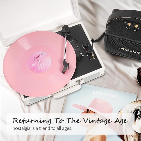 Bluetooth Suitcase Vinyl Record Player with Built-In Stereo Speakers, 3-Speed Belt-Driven Vintage Turntable, Treble & Bass Gain, AUX Line In/Out for Home Listening