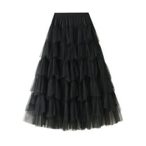 SWSMCLT Women's Vintage Fall Calf Length Chiffon Pleated Skirt Long Tutu Skirt Ruffle Mesh High Waist Bubble Skirt Black Small-Large