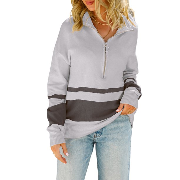 VISgogo Mujer Otoño Invierno Jersey de Punto Manga Larga Solapa Cremallera Patchwork Sudadera VISgogo moda