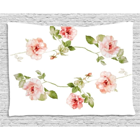 Chic Bedroom Decor (Floral Tapestry, Romantic Rose Flower Petals Shabby Chic Kitsch Love Blooms Design, Wall Hanging for Bedroom Living Room Dorm Decor, 80W X 60L Inches, Reseda Green Peach Coral, by)