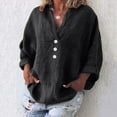 thumbnail image 2 of Mrat Women Cotton Linen Shirts Oversized Long Sleeve Tops Button V Neck Blouses Loose Fitting Casual Outfits Clothing S-40 Black L, 2 of 7