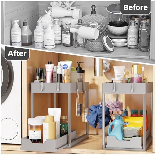 Under Sink Organizer 2 Pack, Sink Pull-Out Sliding Storage Cabinet, 2-Tier Under Shelf Organizer for Kitchen Bathroom, Grey