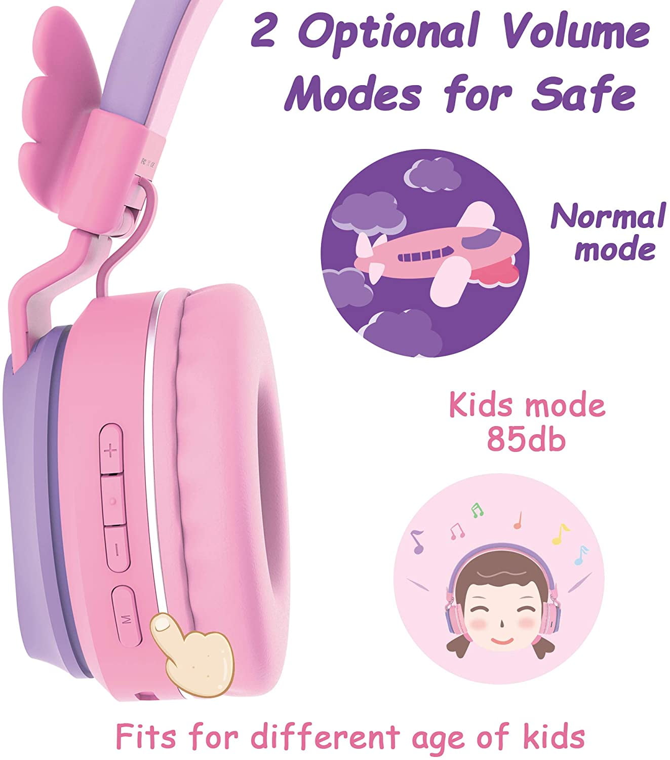 Riwbox BT05 Bluetooth Kids Headphones Wireless Foldable Headset Over Ear with Volume Limited and Mic/TF Card Compatible for iPad/iPhone/Tablet(Purple&Pink)