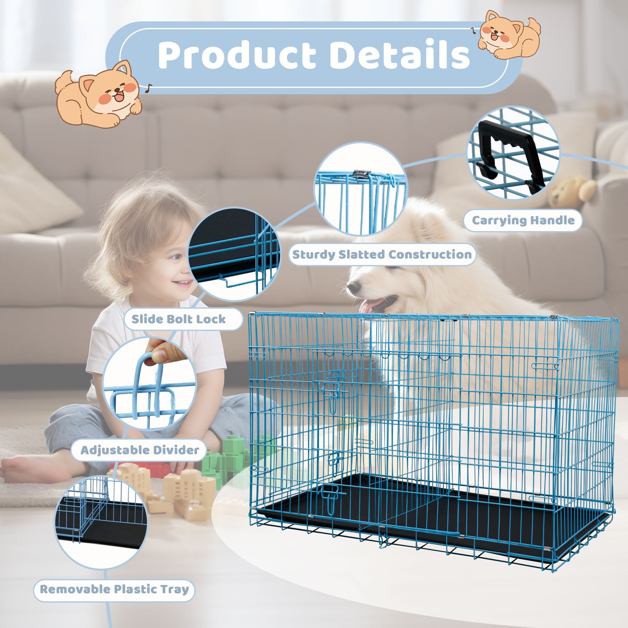 YRLLENSDAN 42 inch Foldable Large Dog Crate for Large Dogs, Metal Wire Dog Cage with Plastic Tray and Handle Double-Door Outdoor Dog Crates and Kennels for Medium Dogs, Blue