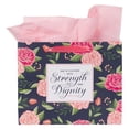 thumbnail image 2 of Christian Art Gifts Large Landscape Scripture Gift Bag, Greeting Card & Wrapping Tissue Paper Set for Women: Strength & Dignity Inspirational Bible Verse, Beautiful Roses, Satin Handles, Black/Pink, 2 of 3