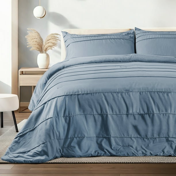 Edredon Acolchado Dreamlab, Hipoalergenico, Tamaño King Size, Color Azul Mezclilla Plisado, 3 Piezas