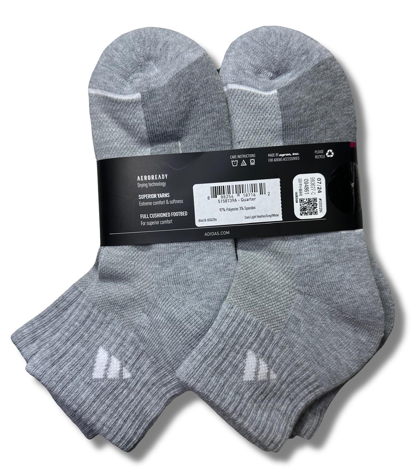ADIDAS SOCKS WOMEN'S - QUARTER CUT - 243 GRAY CUSHIONED - SHOE SZ 5-10 PACK 6