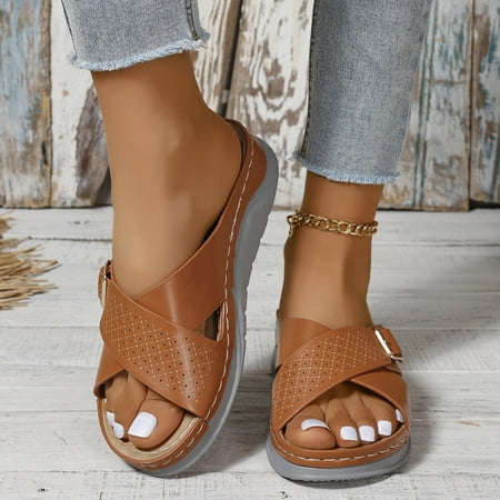 Summer New Slope Heel Sandals  X-shaped Strap  Large Women s  Beach Shoes  Comfortable  Lightweight  European/American Style  Water Resistant  Casual Wear  Shirts for Plus Size Women | Brown 35
