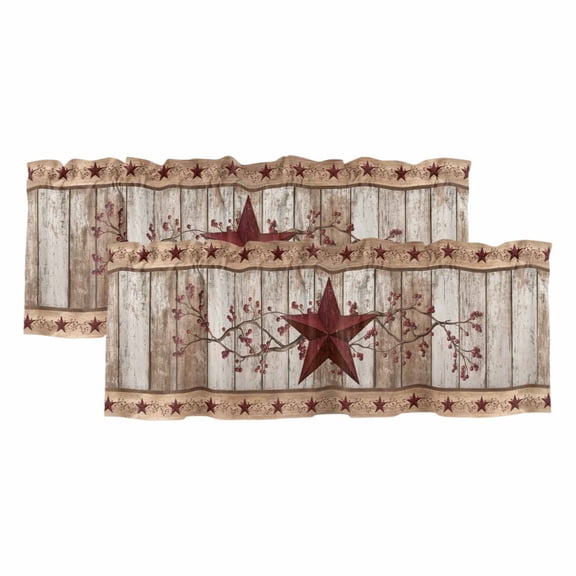 Red Texas Star Vintage Curtain Valances for Windows, Kitchen Valance Window Treatments Panel 2 Pack, Farmhouse Berry Brown Wooden Rod Pocket Short Curtains for Bathroom Bedroom 42 x 12 Inch