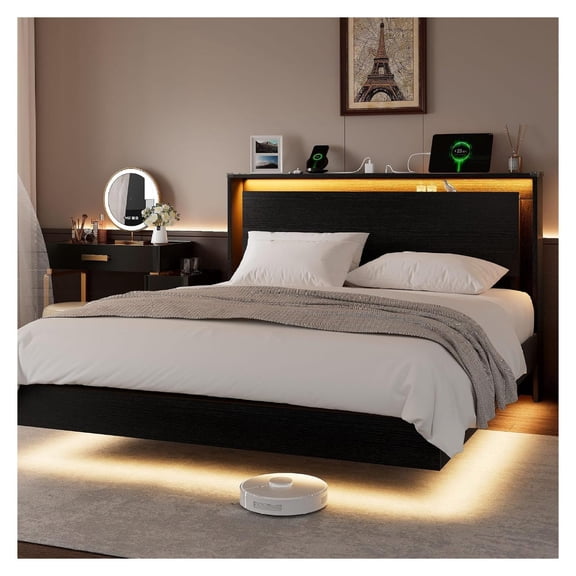 Queen Bed Frame with Charging Station, Floating Wood Design, Storage Headboard, Black