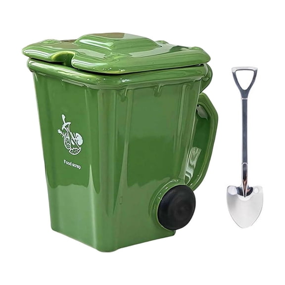 JHyouerji Ceramic Coffee Mug with Lid Spoon 3x5x2 Inch,Green Mini Trash Can Shaped Waste Classification Tea Cup for Office Desk Home Daily Drinking