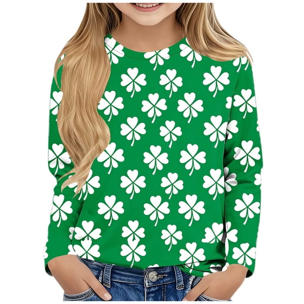 Blusas y camisas de manga larga con cuello redondo y estampado de San Patricio para niños, blusa informal de manga larga con cuello redondo, blusa de poliéster para niñas