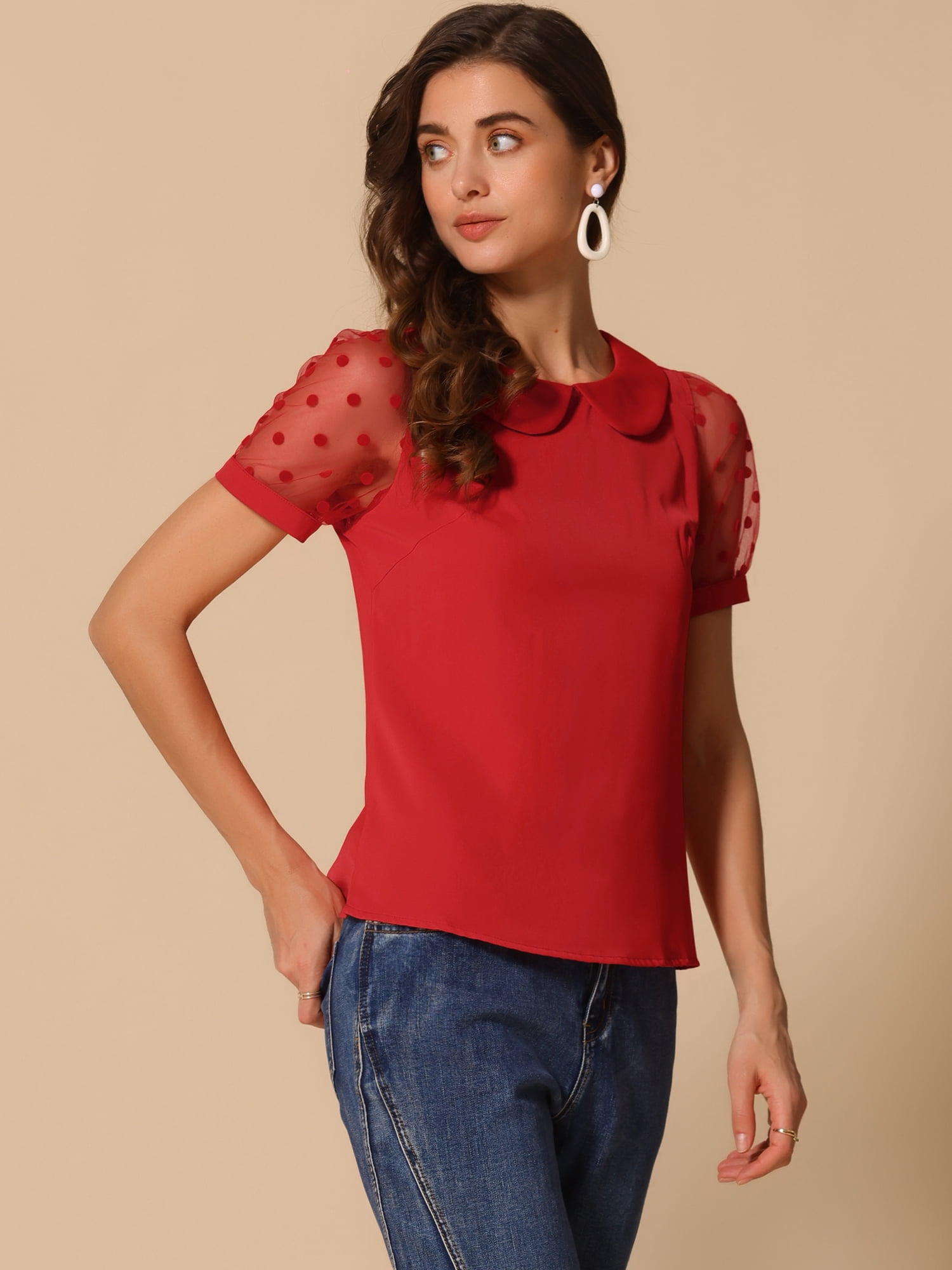 DARING DIVA Women's Polka Dots Mesh Peter Pan Collar Blouses M Red