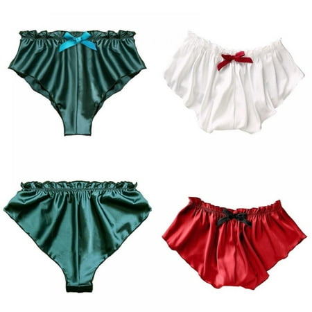

3pcs Women Satin Briefs Bowknot Trim Shorts Summer Cool Pajamas Seamless Underwear Elastic Waist Night Pants