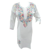 Mogul Womens White Casual Floral Embroidered Stylish Tunic Kurti