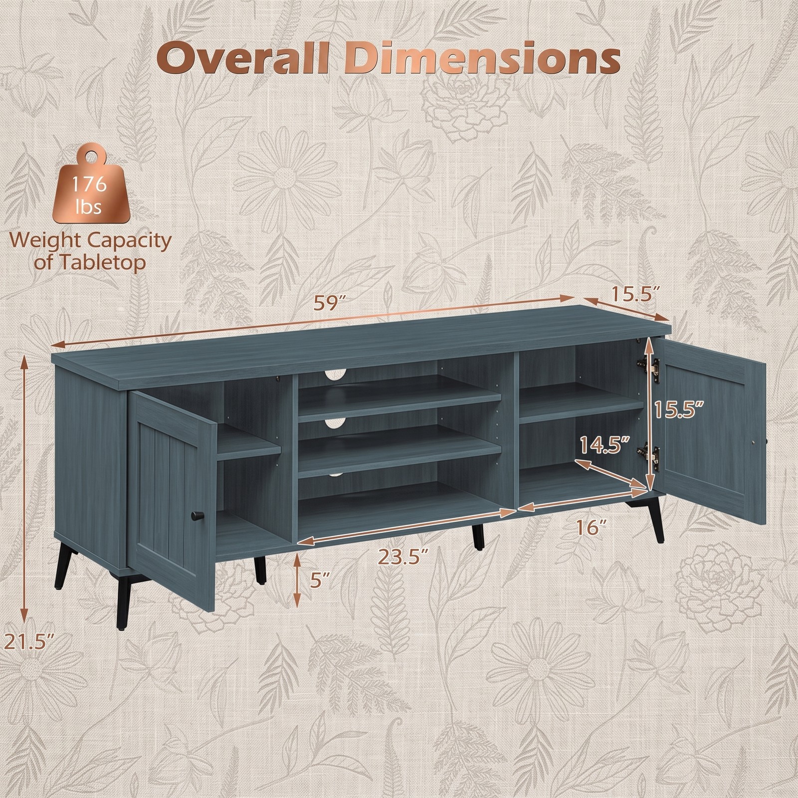 Furnibear 2-Door TV Stand for TVs up to 65 Inch, Mid Century Modern Entertainment Center Media Console with 3 Open Shelves, Adjustable Cabinet & Cable, Turquoise/Brown