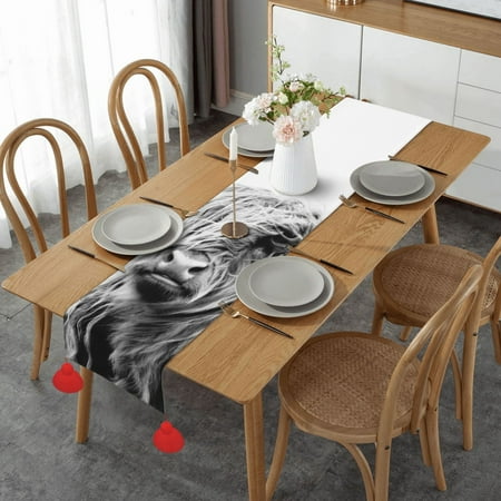 

Portrait Of A Highland Cow Table Runner Imitation Linen Table Runner With Red Tassels For Party And Dining Room 14 x 60