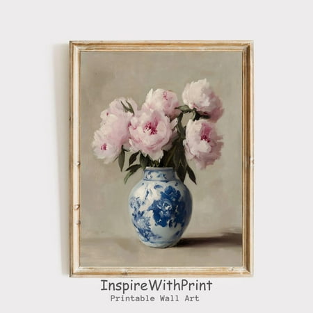 Peonies Flower Bouquet in Blue and White Chinoiserie Vase Print, Vintage Flower Vase Printable, Pink peonies Wall Art, Chinoiserie, Size 8x12 UNFFRAMED F03.1.5l1776
