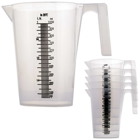 

TCP Global 1 Liter (1000ml) Plastic Graduated Measuring and Mixing Pitcher (Pack of 6) - Holds Over 1 Quart (32oz) - Pouring Cups Measure & Mix Paint Resin Epoxy Kitchen Cooking Baking Ingredients