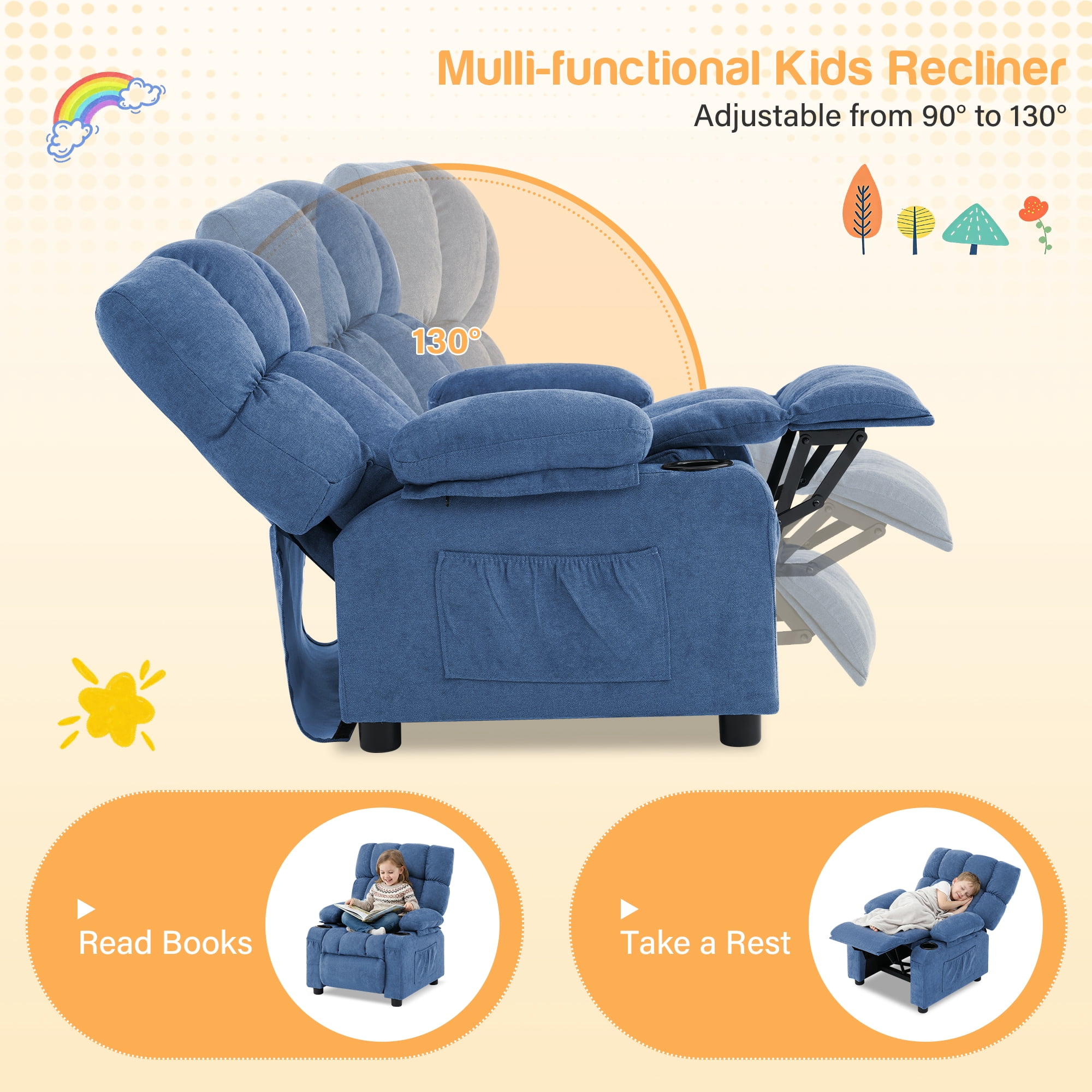 JONPONY Kids Recliner Chair,Push Back Toddler Recliner with Cup Holders & Side Pockets，Adjustable Footrest & Headrest Kids Sofa for Boys Girls 3+ Age Group，Children's Bedroom Furniture，Blue