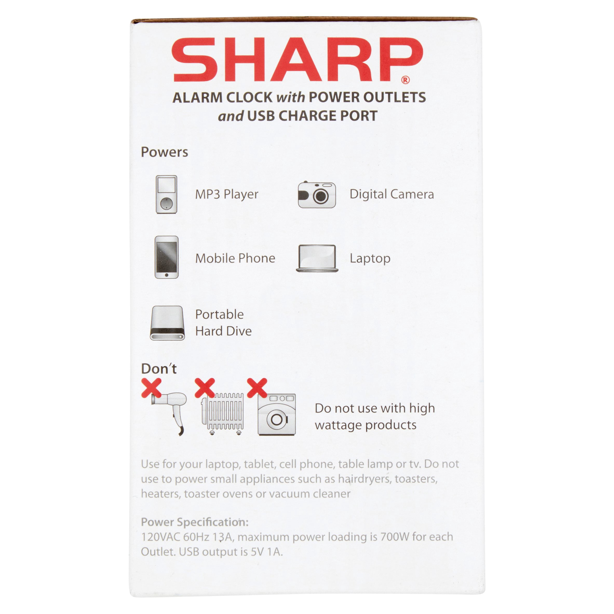 Sharp Alarm with USB and Outlets, Black