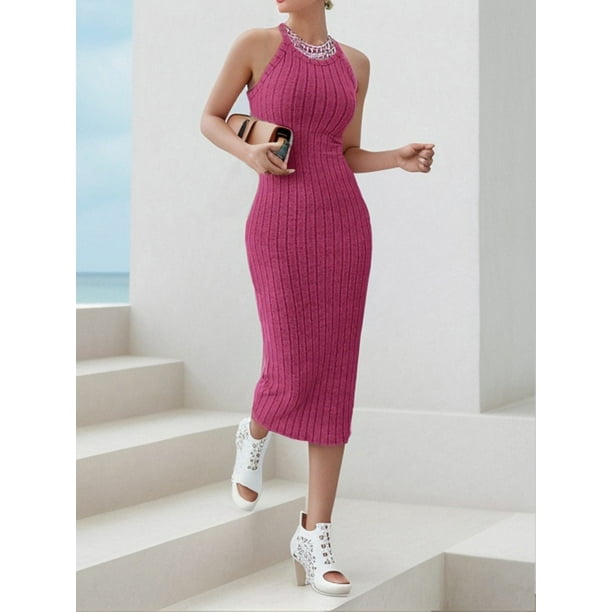 Dodycon-vestido ajustado con cuello Halter para mujer, vestido Midi acanalado, sin mangas, de punto acanalado, color liso, nuevo diseño de moda