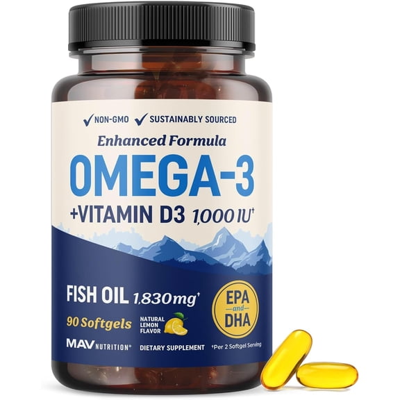 Omega 3 Fish Oil 1280mg with 1000IU Vitamin D3, Heart, Bone & Immune Support, 90 Count