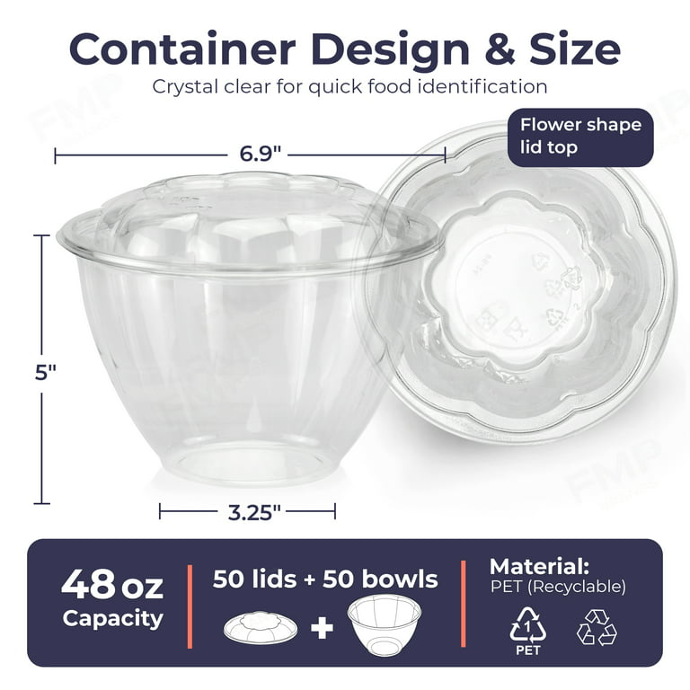 Fit Meal Prep 50 Pack 48 oz Clear Plastic Salad Bowls with Airtight Lids,  Disposable To Go Salad Containers for Lunch, Meal, Party, BPA Free Clear