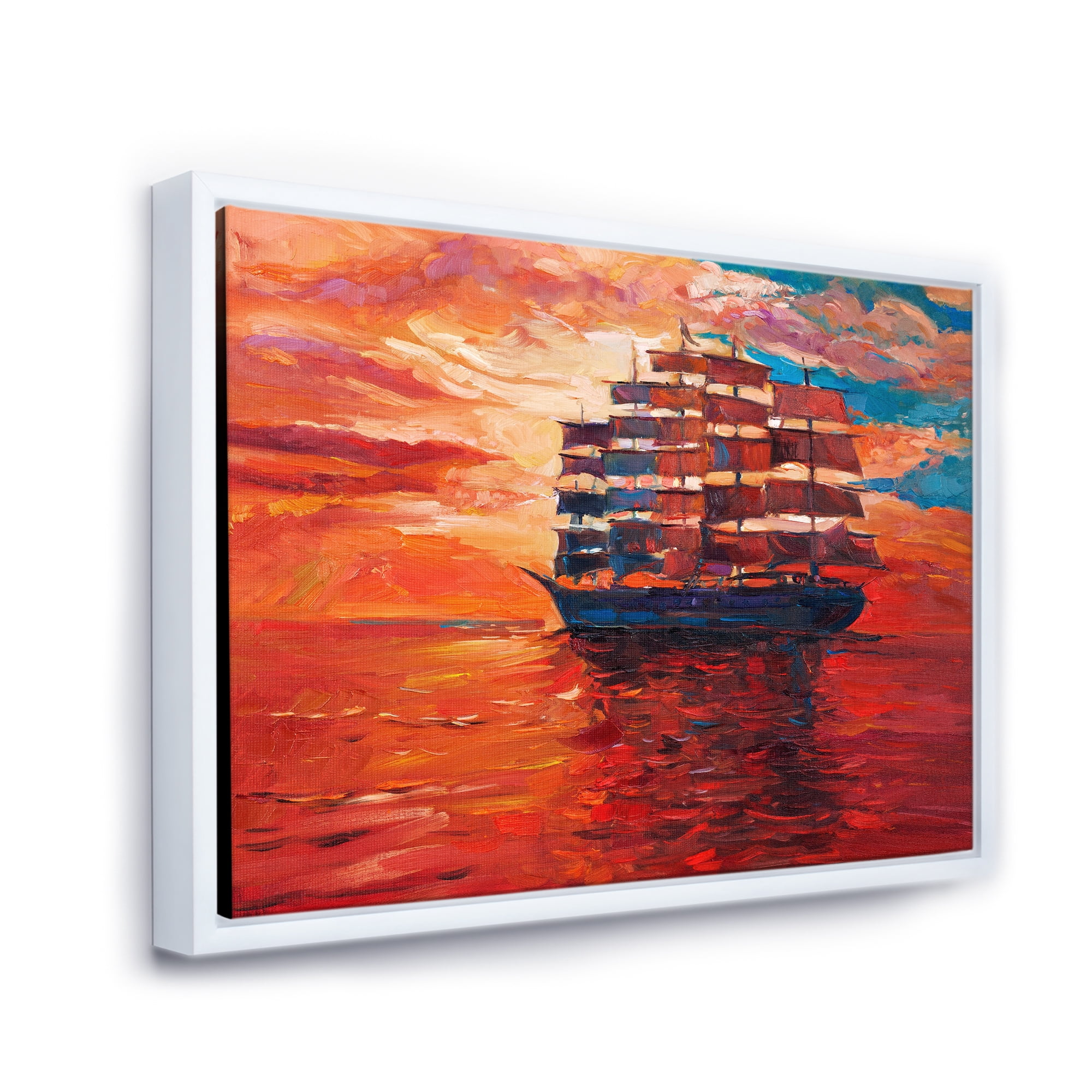 Frigate During Red Evening Glow On The Ocean Horizon 20 in x 12 in Framed Painting Canvas Art Print, by Designart