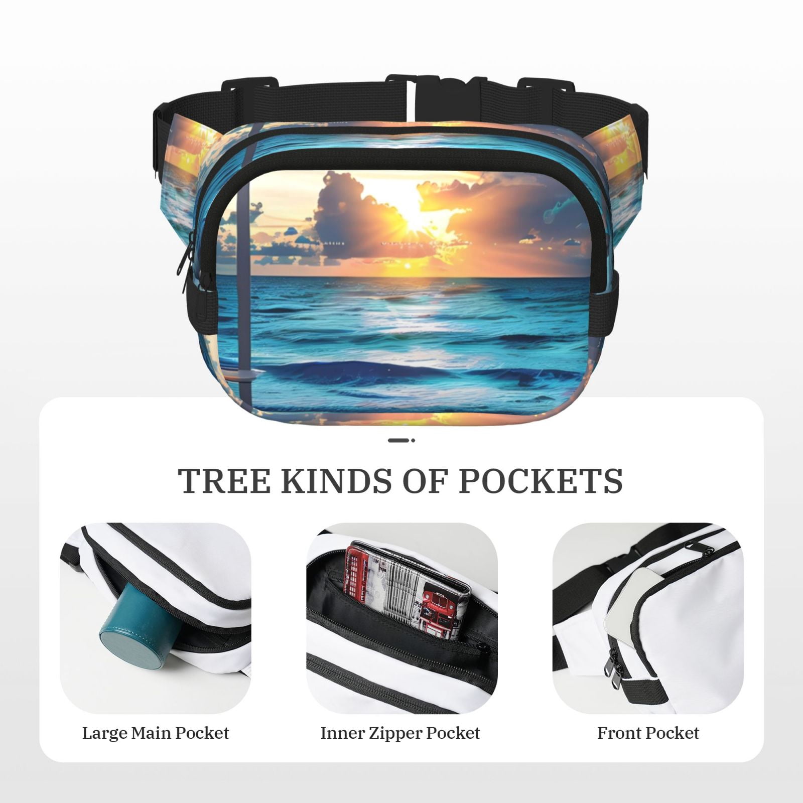 Picia Ocean View Bedroom Print Square Double-Layer Waist Bag Mini Adjustable Waist Belt Bag Exercise Running Travel Hiking