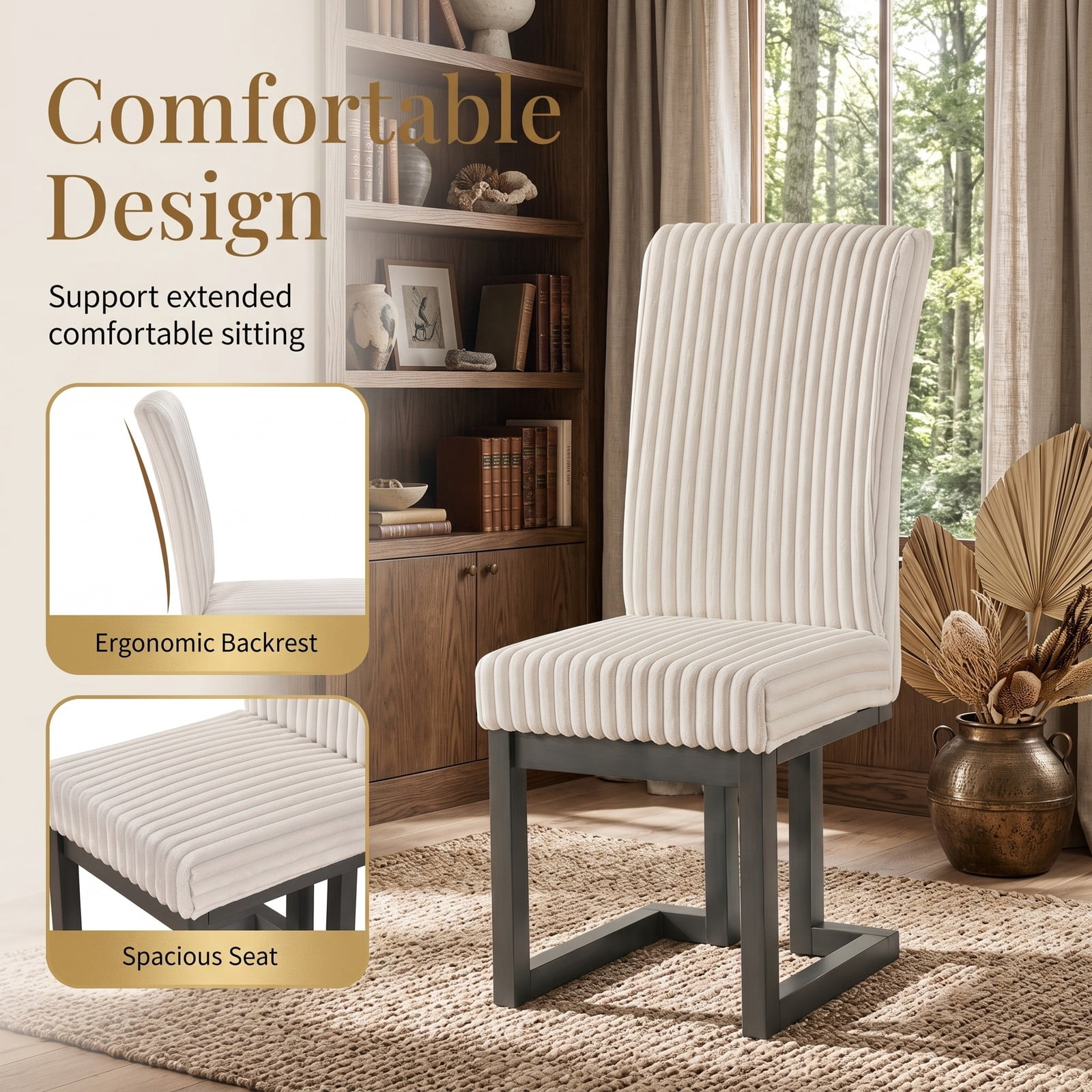 Furnibear Upholstered Dining Chairs Set of 2, Fabric Accent Kitchen Side Chairs with Solid Rubber Wood Legs, Padded Cushion Seat & Channel Tufted, Living Room - Beige