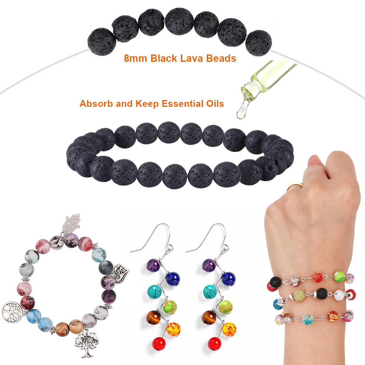 EuTengHao 878Pcs Lava Beads Chakra Beads Glass Crackle Beads Kit with Spacer Beads Jump Ring Jewelry Findings for Diffuser Essential Oils Yoga Bracelets Earrings Necklace DIY Jewelry Making Supplies