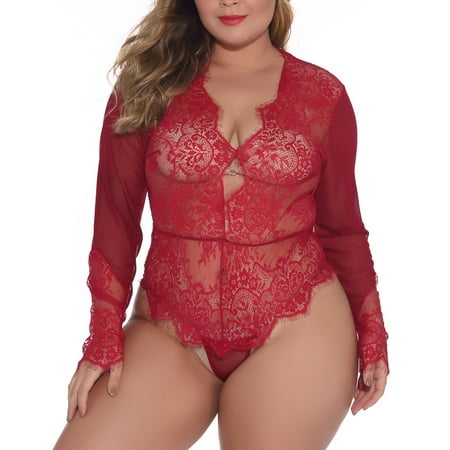 

BIZIZA Women s Deep V Neck Lace Bodysuit One Piece Sleepwear Sexy Snap Crotch Lingerie Teddy Eyelash Long Sleeve Babydoll Deep Red XL