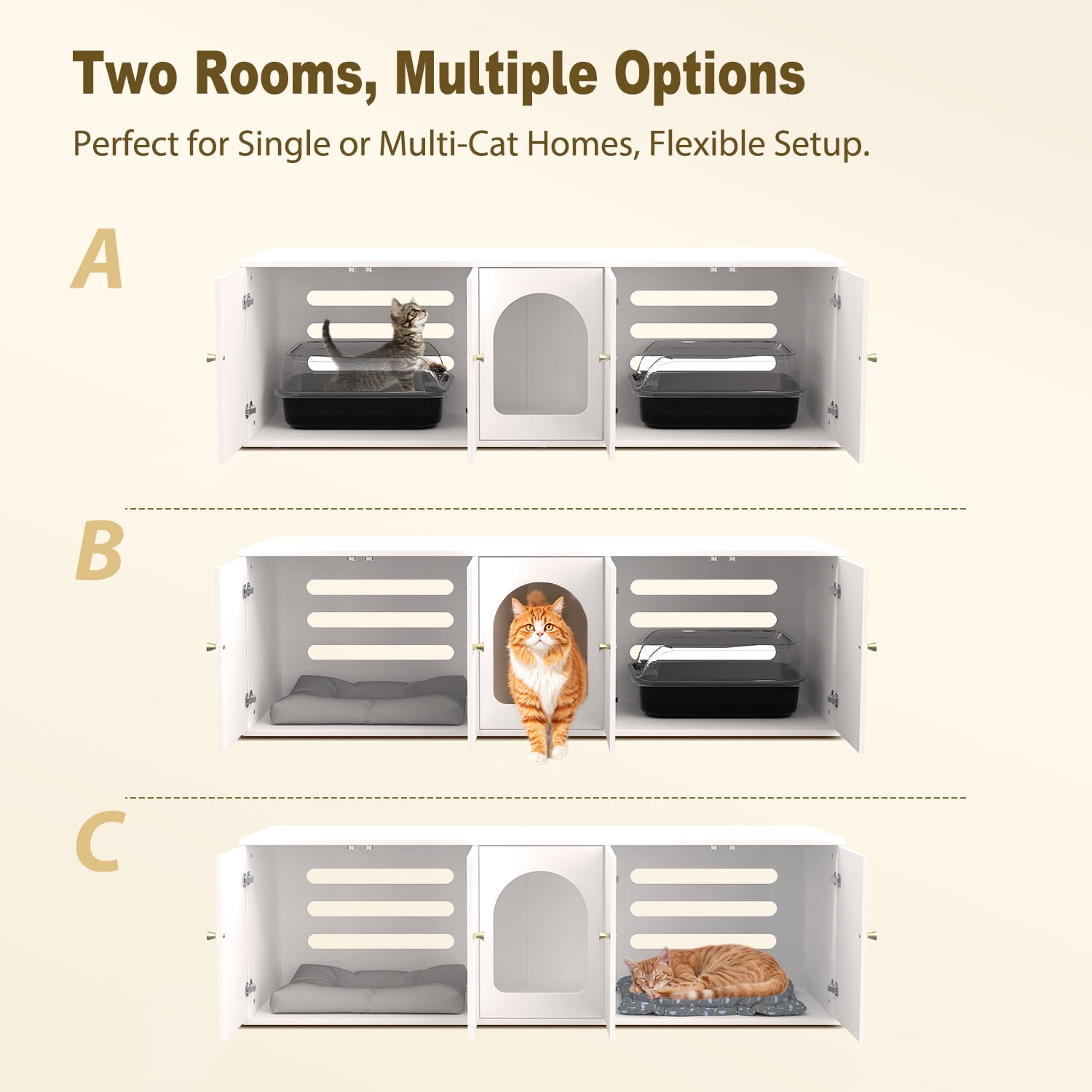 Cat Litter Box Enclosure for 2 Cats, Litter Box Furniture with Double Room, Central Entry, and Dual Use as TV Stand for Living Room, White (Grounded Version)