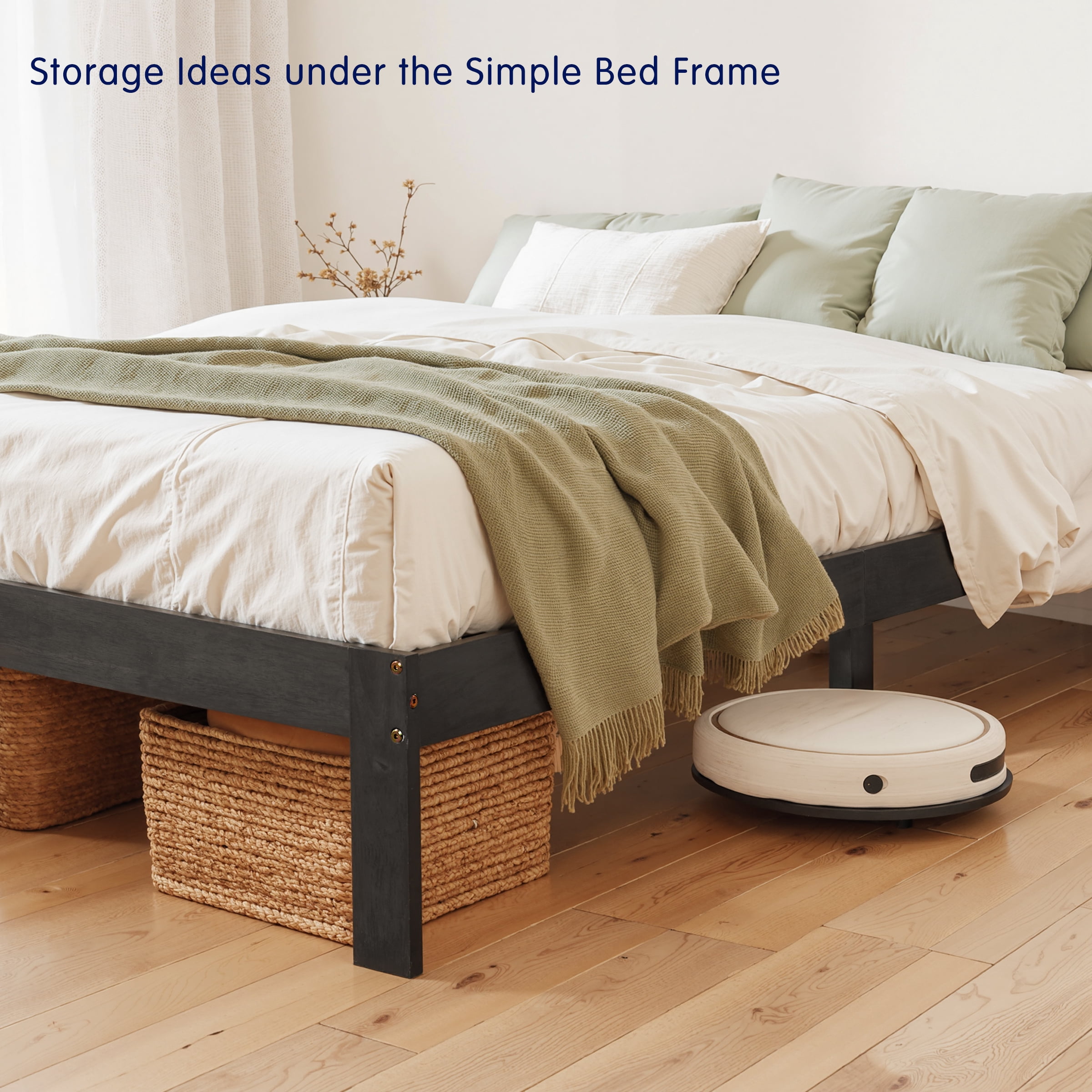 Queen Size Bed Frame, Solid Wood Platform with Wood Slat Support, No Box Spring Needed, Gray