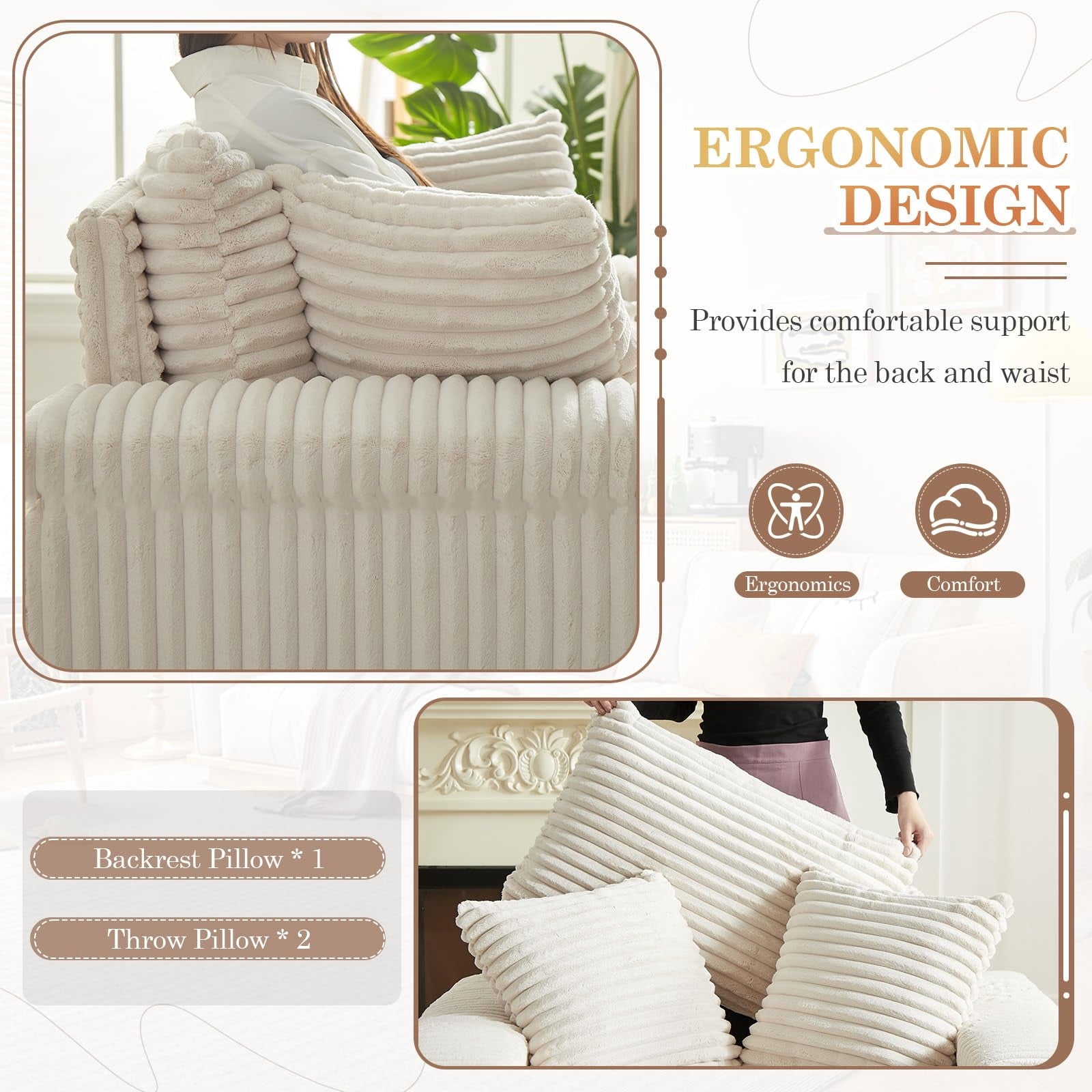 Aukfa 48" Inch Chaise Lounge, Oversized Sofa Chair with Ottoman, 3 Pillows, Corduroy, Beige