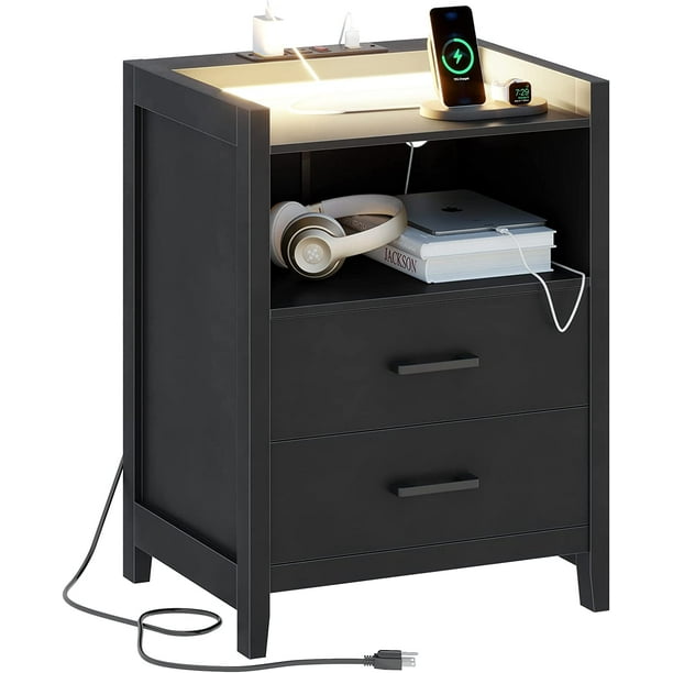 Nightstand with LED Lights, 2 Drawers Bedside Table with Charging Station, Black