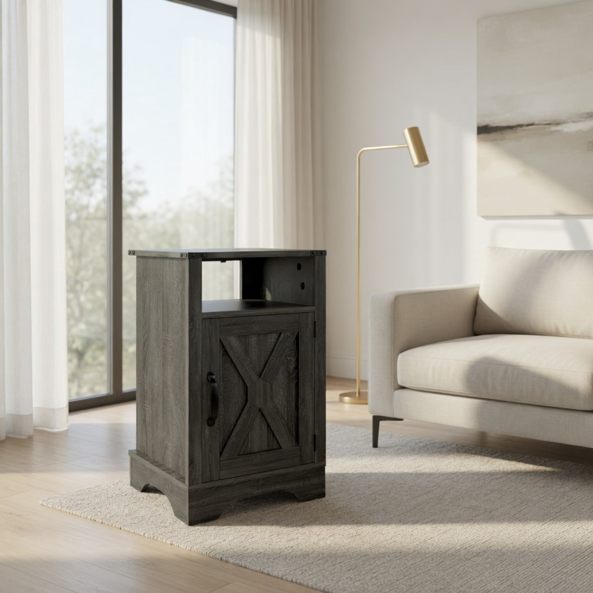 16" Dark Grey Farmhouse Nightstand w/ Charging Station & Storage