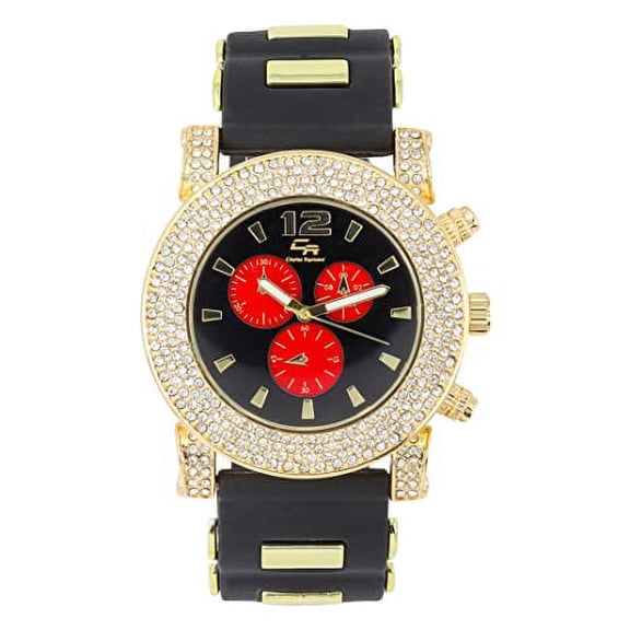 Classic Bullet Rubber Blinged Out Hip Hop Watch w/a Touch of Casual Sporty Colorful Faux Chrono 3 Eyes - Playful MF Iced Out Watch on The House Dance Floor - ST10248 Black/Blk-Red Eyes