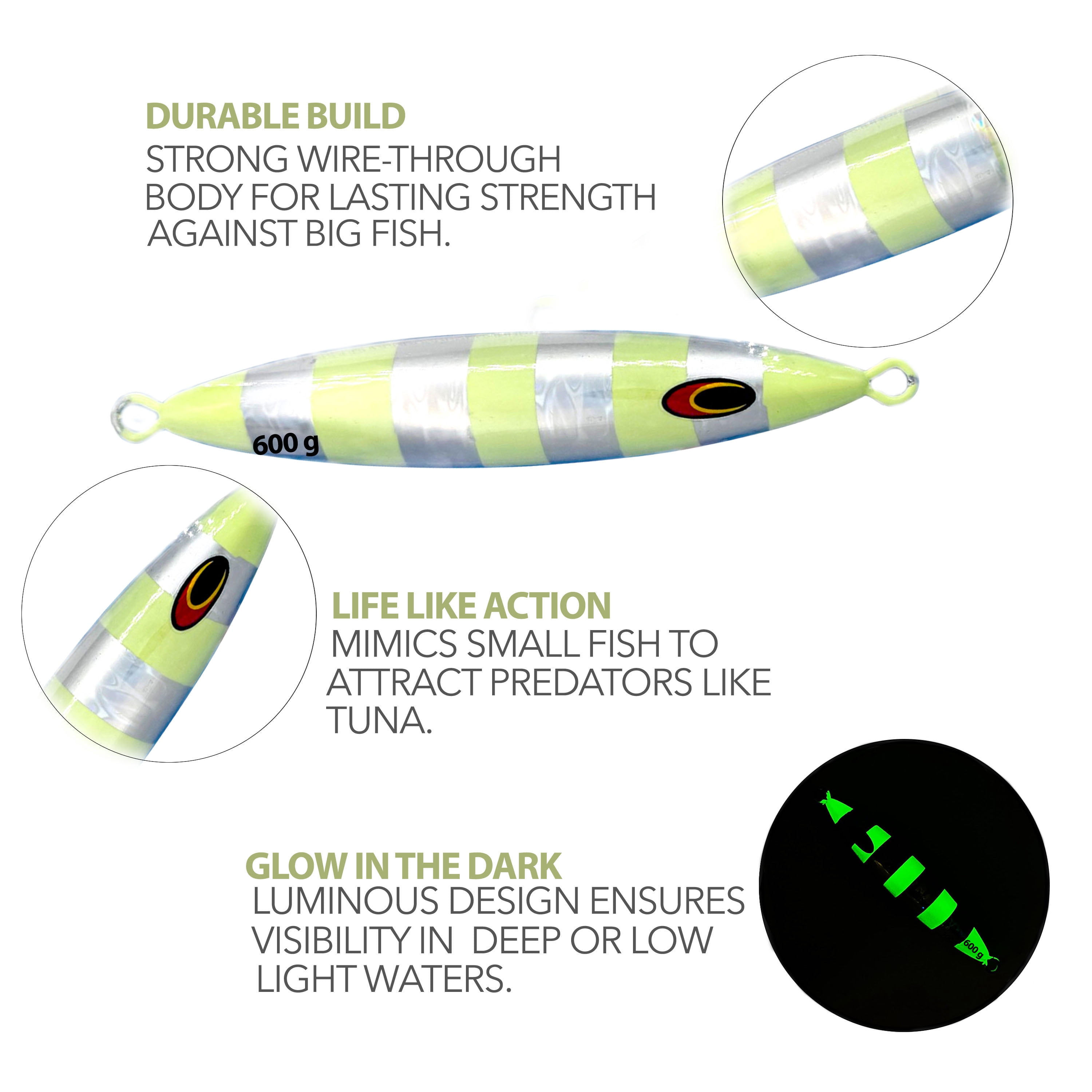 7" Tuna Jig 600g,3 Pcs Silver Zebra Glow Saltwater Fishing Lures, Fishing Gear & Tackle, Tuna Fishing Jig