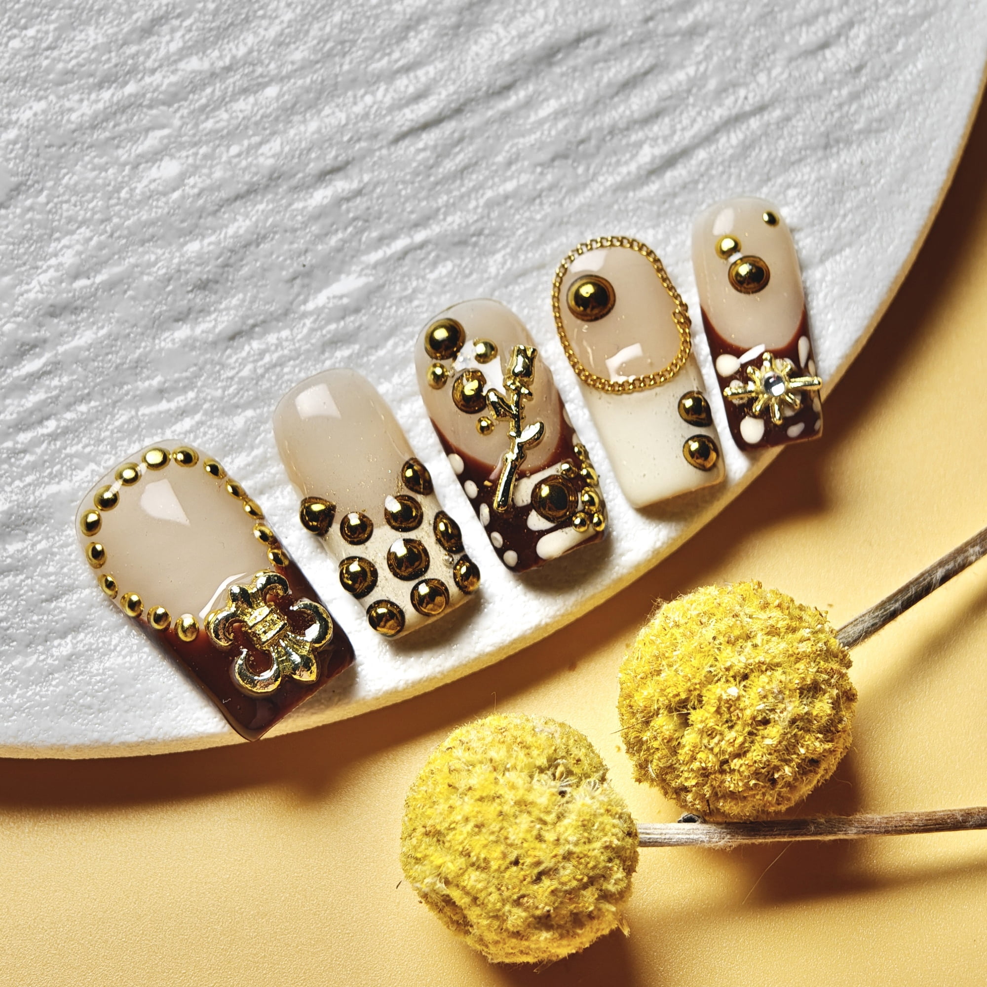 10pcs Square Medium Handmade Y2K Nails - Brown & Nude Designs, 3D Gold Beads, Chains & Floral Accents, Summer, Independence Day, Goth & Vintage Style