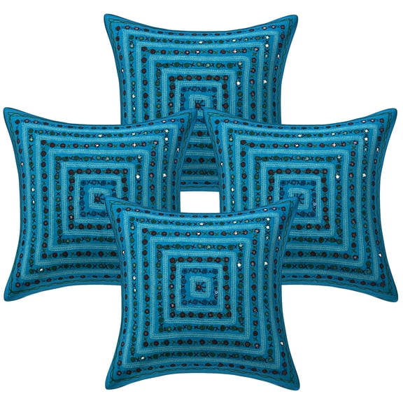 Stylo Culture Indian Cotton Home Decor Throw Pillow Covers Turquoise 16x16 Bohemian Embroidered Mirror Lace Indian Couch Cushion Covers 40 x 40 cm Living Room Bedroom Square Pillowcases | Set Of 4