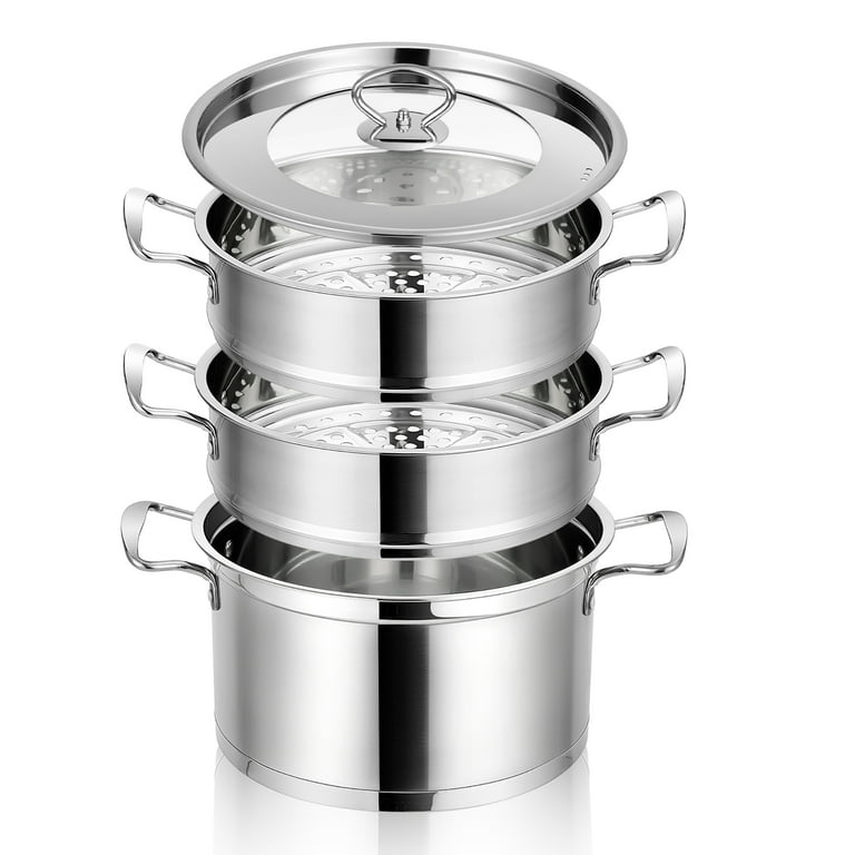 PETSITE 3-Tier Stainless Steel Steamer Pot, 11 Multi-Layer Cooking Pot,  Steam Pot with Handles & Tempered Glass Lid, Steamer for Cooking